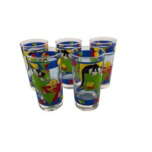 Vintage 1995 Looney Tunes Sylvester Tweety Bird Glass Tumblers Set of 5 Pop Art
